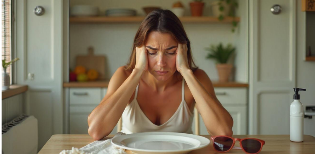 Persona sentada en la cocina con cara de culpa mirando un plato vacío, para saltarse comidas no comer y recuperar los excesos del verano