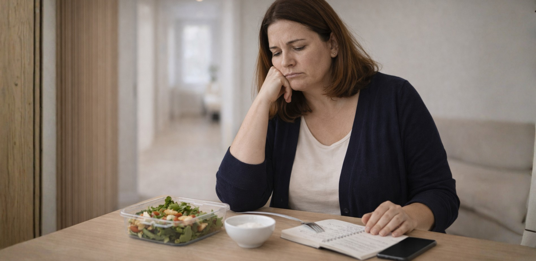 Mujer con gesto de cansancio frente a una ensalada, simbolizando la frustración al intentar desintoxicar el cuerpo después de las fiestas.